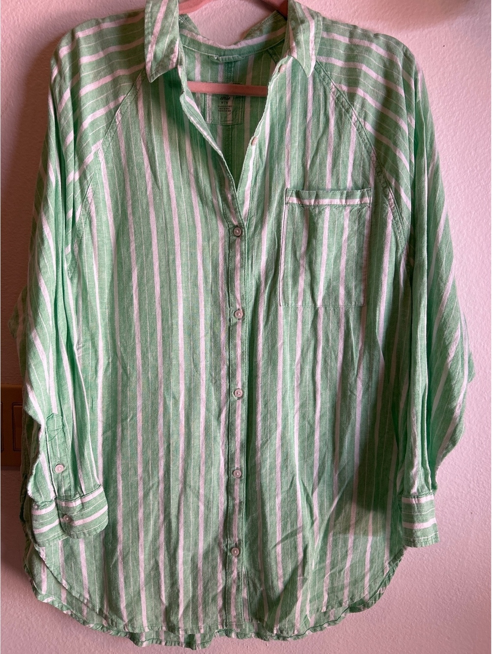 Aerie Green and White Striped Button-Up Shirt, Size Medium